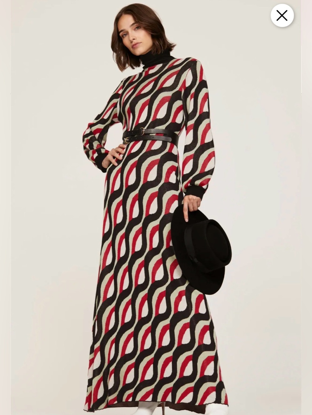 RIXO Long-Sleeve Wave-Print Maxi Dress in Black, White & Red